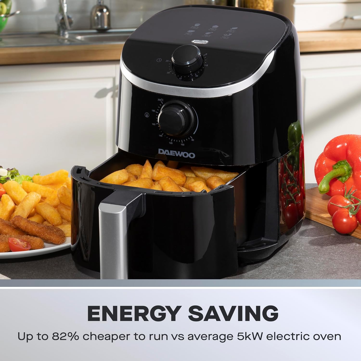 Daewoo 2L Compact Manual Air Fryer – Space-Saving Mini Air Fryer with 80-200°C Temperature Control, 30-Minute Timer, Energy Efficient, Oil-Free Cooking, Healthy Frying for Small Households