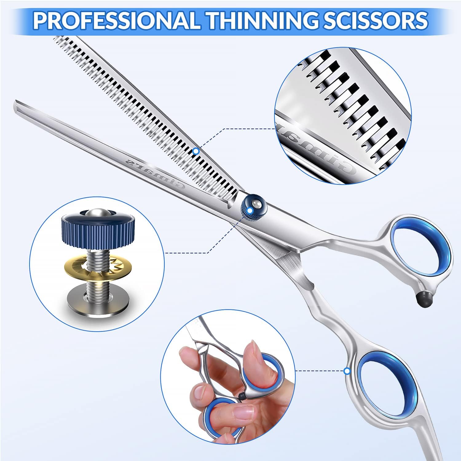 Gimars Professional 5 in 1 Dog Grooming Scissors, 4CR with Round Safety Tip, Heavy Duty Titanium Coating, Straight and Thinning and Curved Scissors
