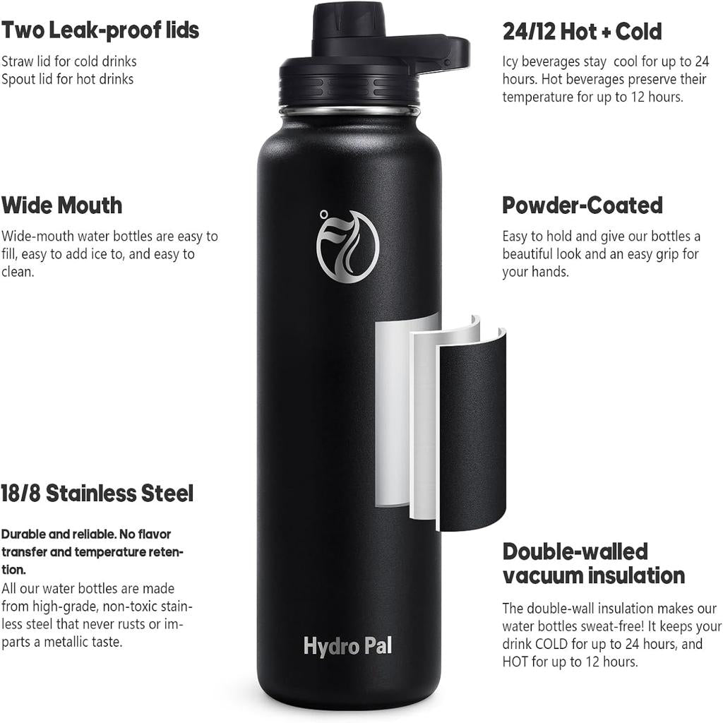 HydroPal Vacuum Insulated Stainless Steel Water Bottle, 1200ml/1000ml/750ml- 2 Lids (Straw Lid and Spout Lid), 2 Straws Water Bottle for 12 Hours Hot & 24 Hours Cold Drinks, Great for Work, Travel