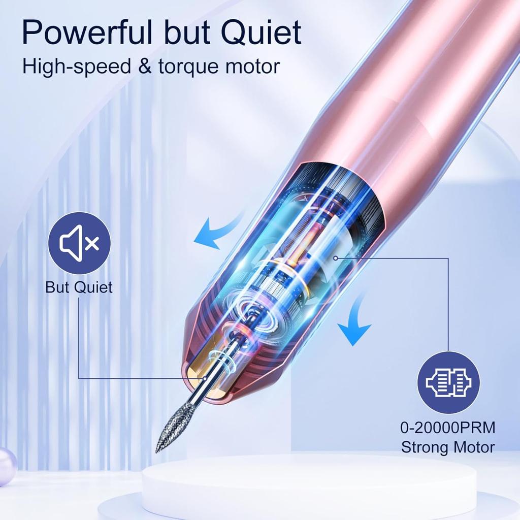 Electric Nail Files, Professional Nail Drill Machine, 20000RPM Adjustable Speed Manicure Pedicure Set with 6 Drill Bits, Low Vibration Low Noise Electric Nail Drill for Gel/Acrylic Nails for Beginner