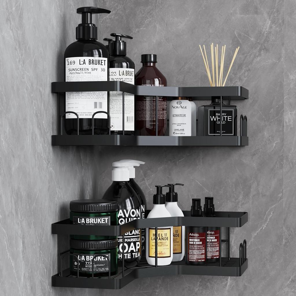 Shower Caddy, 2 Pack Black Bathroom Shelves, Adhesive Shelf Storage No Drilling, Shower Organiser, Rust-Resistant Caddy Corner, Soap Holder, Bathroom Accessory