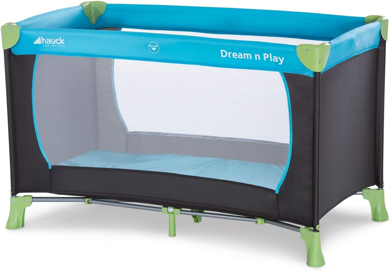 Travel Cot 120 x 60 cm from Birth to 15 kg, 3-Part Travel Bed with Folding Mattress and Carry Bag, Tilt-Resistant, Waterblue