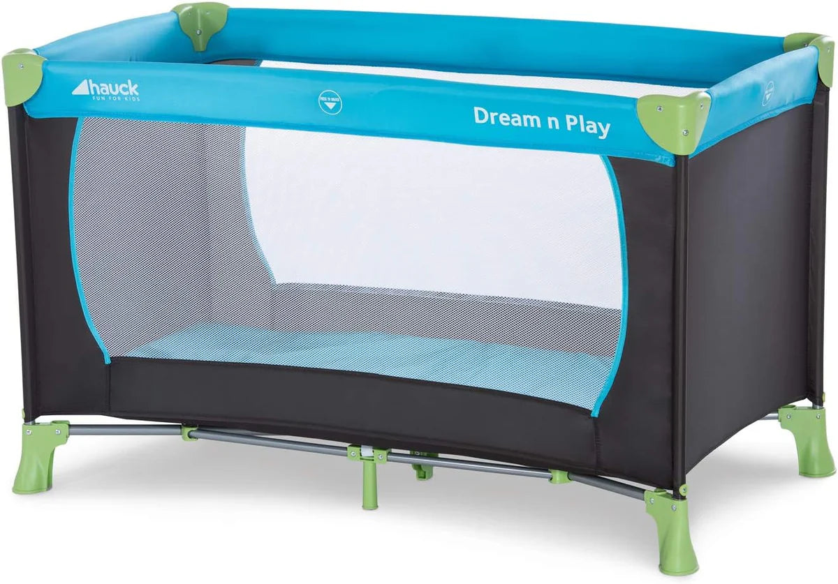 Travel Cot 120 x 60 cm from Birth to 15 kg, 3-Part Travel Bed with Folding Mattress and Carry Bag, Tilt-Resistant, Waterblue
