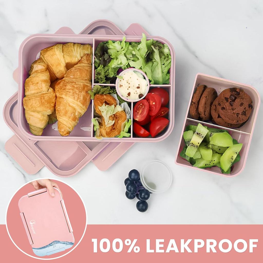 Bugucat Lunch Box 1300ML,Leak-Proof Bento Lunch Box with 4 Compartments,Kids Lunch Box Bento Box Adult with Cutlery, Snack Boxes Bento Boxes with Compartments for School Kindergarten Office,Pink