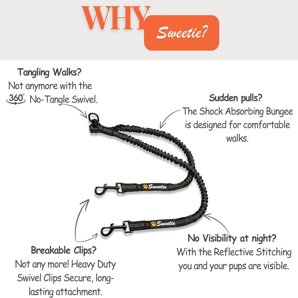 Sweetie Dog Lead Splitter – Dual Shock Absorbing Bungee Double Leash Coupler - Perfect Leads for Walking 2 Small to Medium Dogs on One Lead - No Tangle 360° Swivel Clip - Reflective Stitching