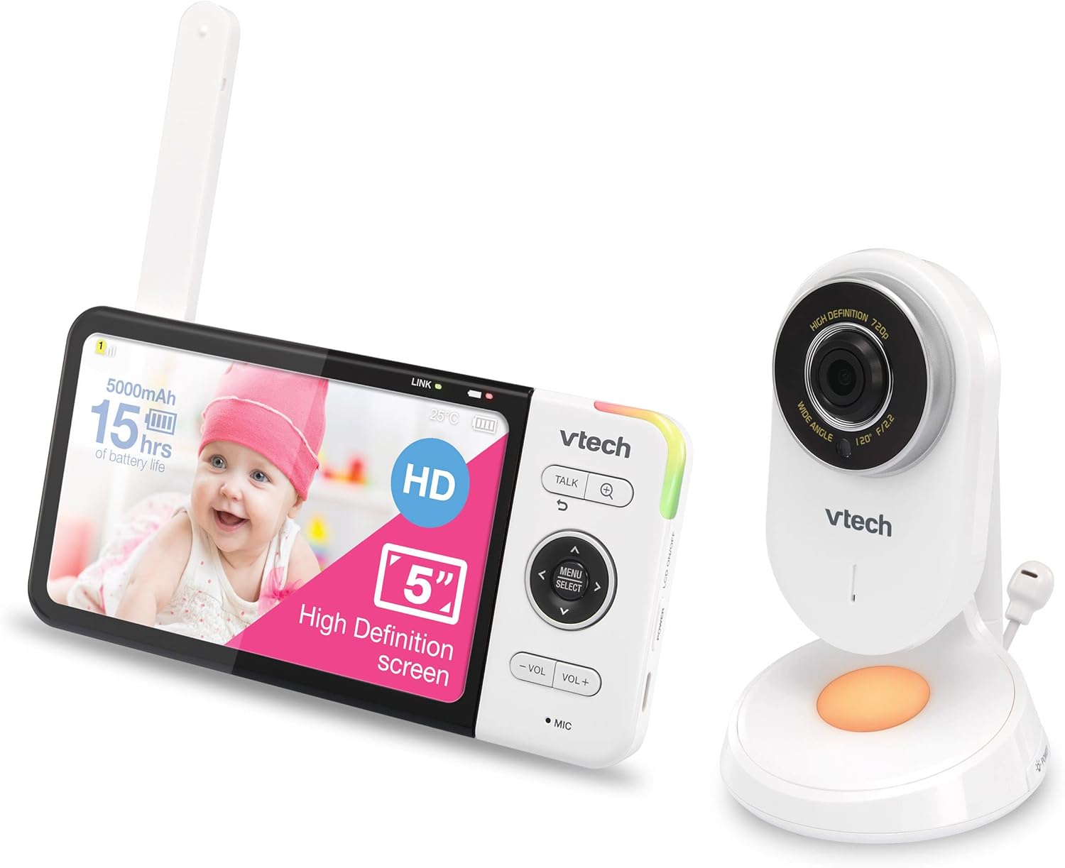 VTech VM818HD Baby Monitor with Camera,HD No-Glare Night Vision,Video Baby Monitor with 5'' 720p HD Display,Night Light,110°Wide-Angle View,True-Colour Day Vision 300m Range,2-Way Talk White