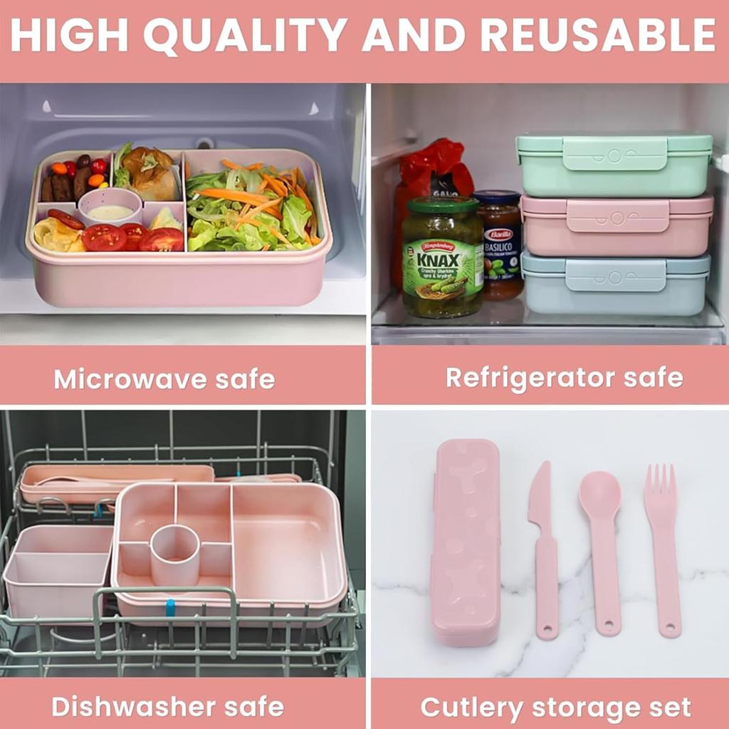 Bugucat Lunch Box 1300ML,Leak-Proof Bento Lunch Box with 4 Compartments,Kids Lunch Box Bento Box Adult with Cutlery, Snack Boxes Bento Boxes with Compartments for School Kindergarten Office,Pink