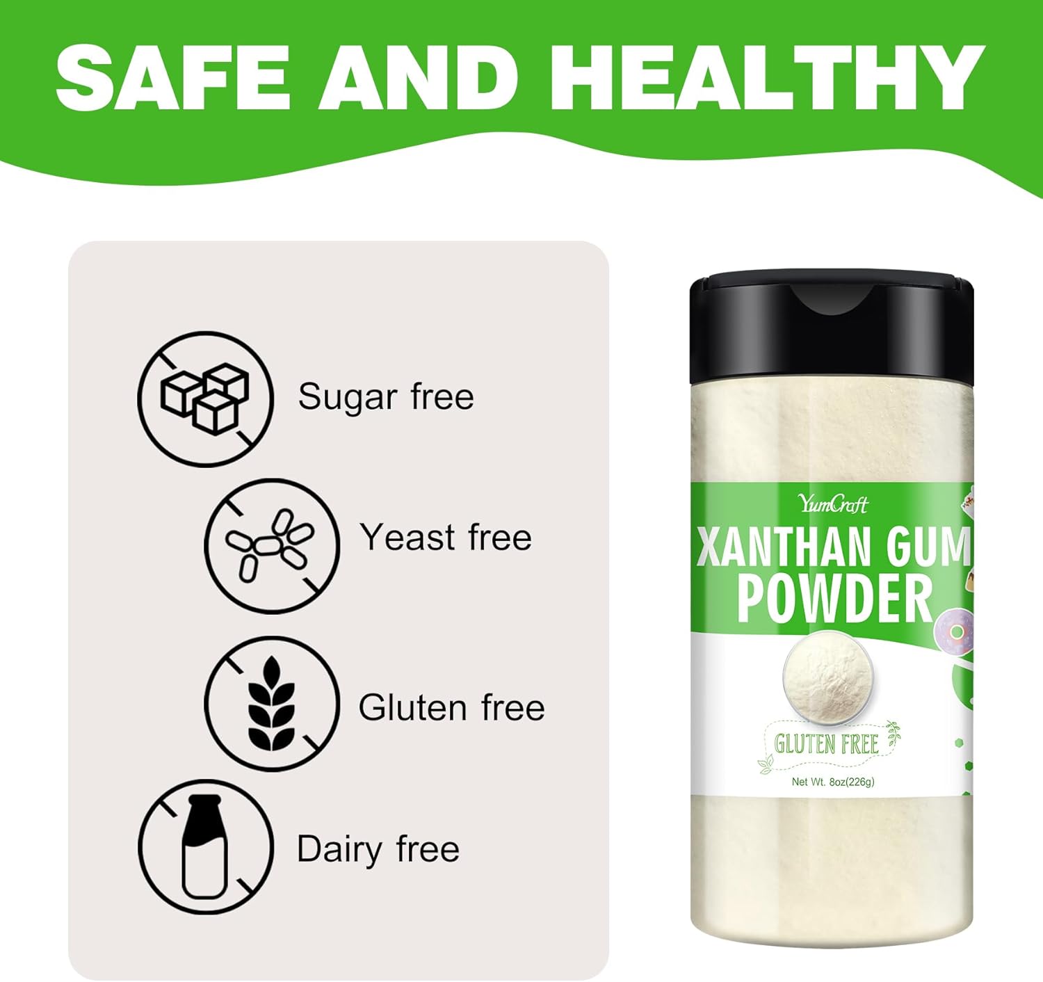Xanthan Gum Powder, 226 g, Natural Xanthan Gum Powder, Suitable for Thickening and Stabilising Ice, Soup and Sauce, Vegan, Gluten-Free and Non-Gvo Food