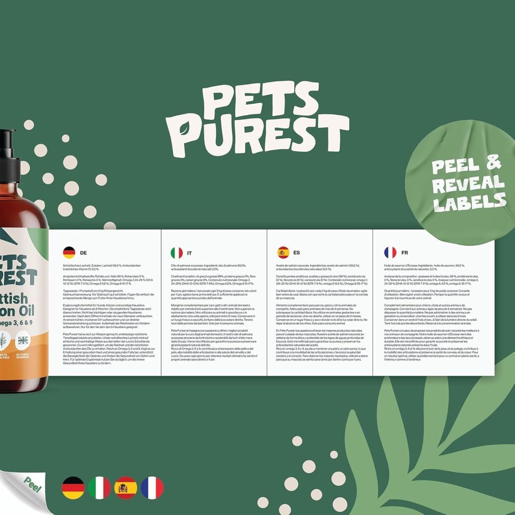 Pets Purest Scottish Salmon Oil For Dogs, Cats, Horse, Ferret - Pure Omega 3, 6 & 9 Fish Oil Food Treats Supplement for Natural Coat, Immune Support, Itchy Skin, Joint & Brain Health (500ml)