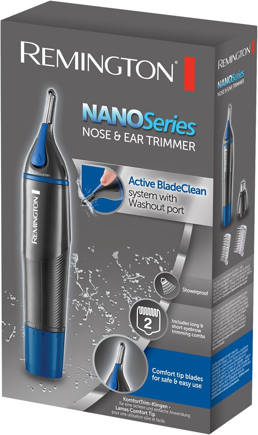 Remington Hair Trimmer for Men, Nose, Ear, & Eyebrow Hair Clipper, Rotary Trimmer, Two Comb Attachments, Waterproof, Battery Operated, Cordless - NE3850