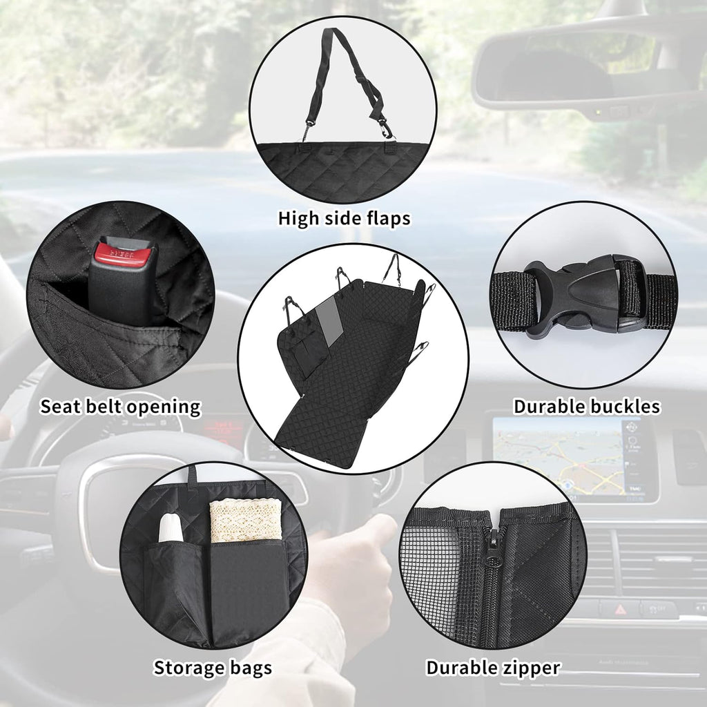 Sosayet Dog Blanket Car Rear Seat - 4-in-1 Car Seat Cover for Dogs with Side Protection, Viewing Window & Seat Belt - Waterproof, Non-Slip, Scratch-Resistant - 137 x 147 cm for Car, SUV & Van