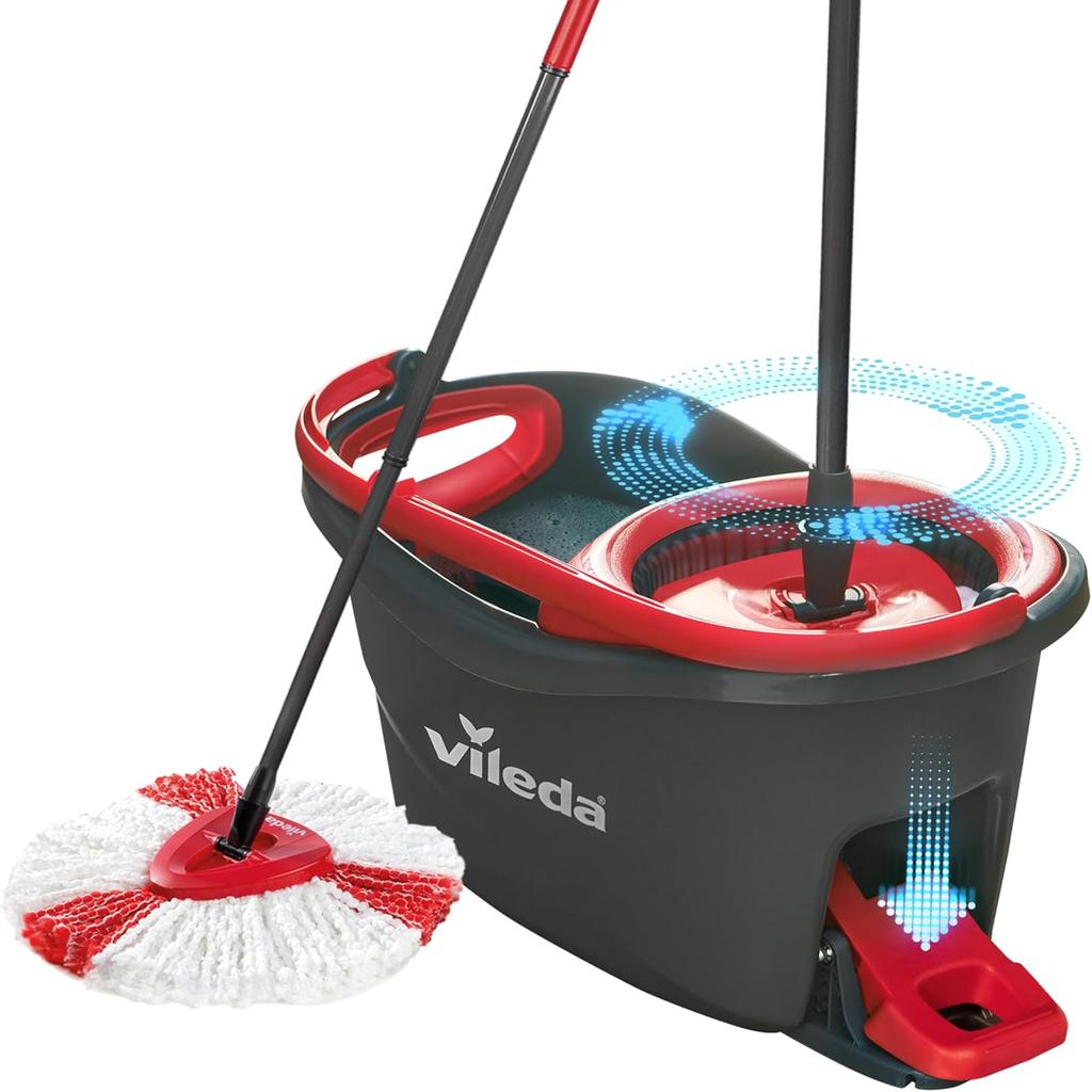 Vileda Turbo Microfibre Mop and Bucket Set, Spin Mop for Cleaning Floors, Set of 1x Mop and 1x Bucket,Grey/Red,48.5 x 27.5 x 28 cm