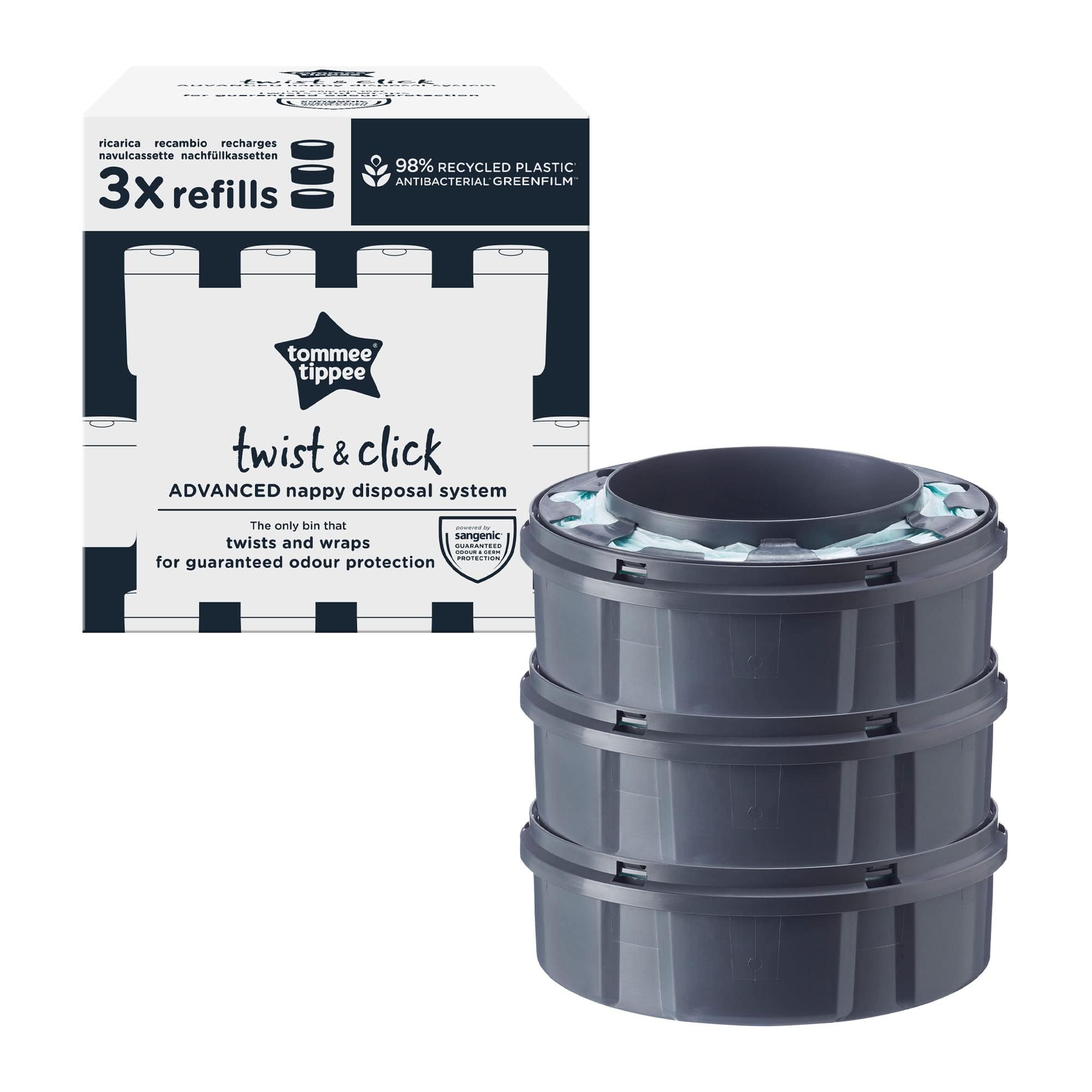 Tommee Tippee Twist and Click Nappy Bin Refill Cassettes, Pack of 12 Refill Cassettes with Multilayer, Antibacterial Film for Odour and Germ Protection