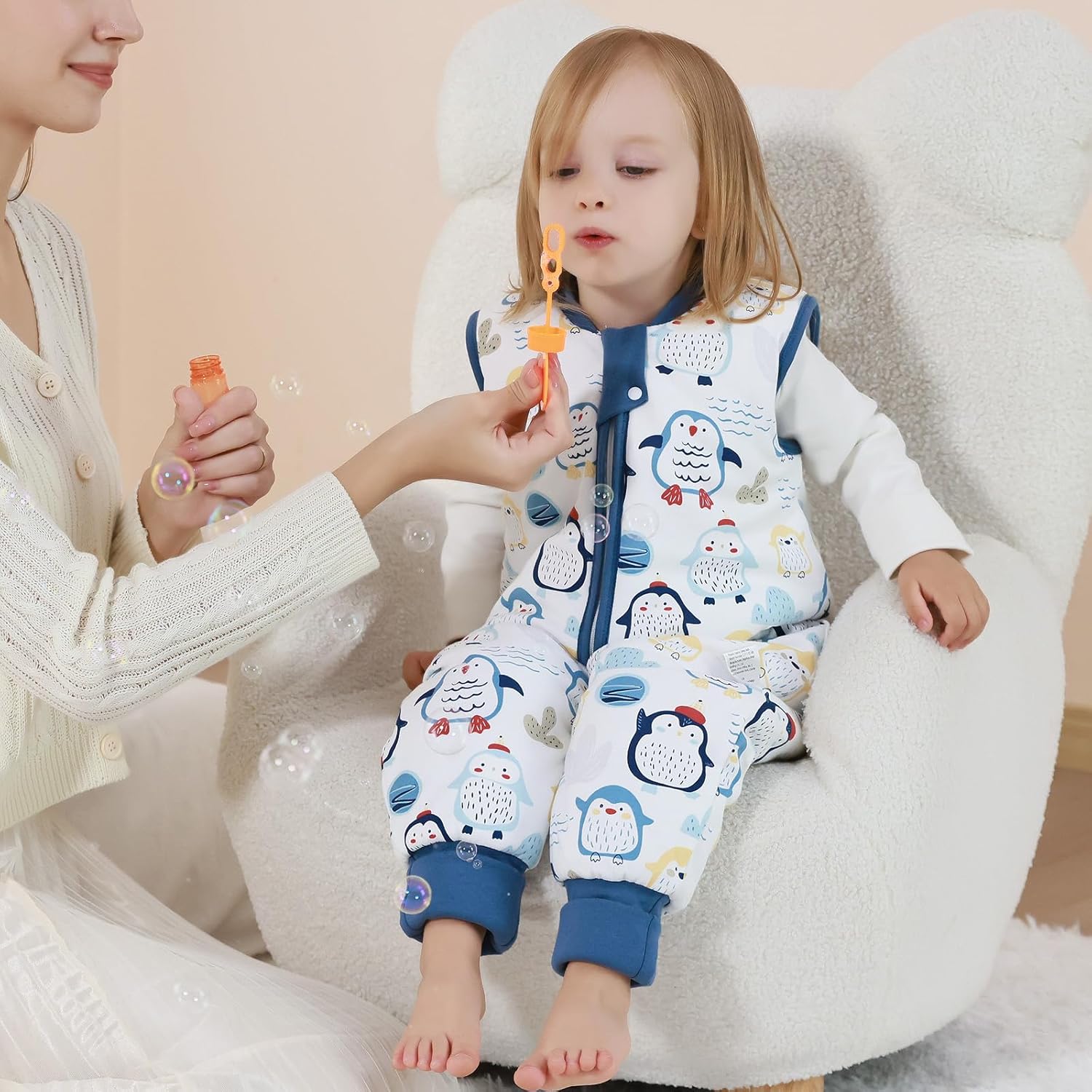 MIKAFEN Baby Winter Sleeping Bag with Feet,100% Cotton Kids Sleeping Bag 2.5Tog with Legs, Blue Penguin 80cm/18-36months