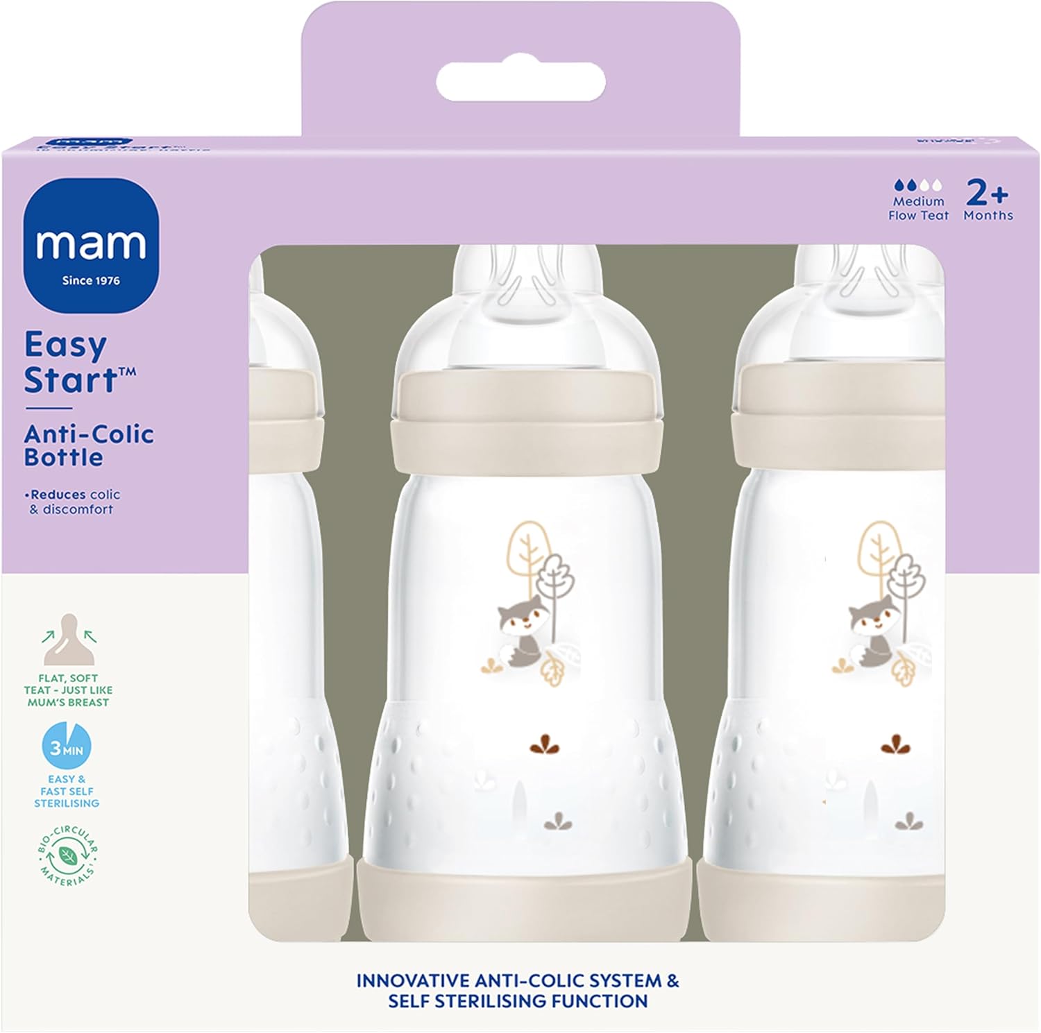 MAM Easy Start Self Sterilising Anti-Colic Bottle Pack of 3 (3 x 260 ml), MAM Baby Bottles with Medium Flow Teats, Essentials for Baby Feeding, Ivory (Designs May Vary)