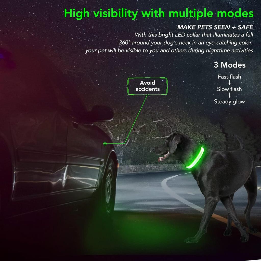 KOSKILL Light-Up Dog Collar, Rechargeable USB Collar, Waterproof, Luminous LED Collar, Adjustable, Super Bright, for Medium/Large Dogs, Green, M