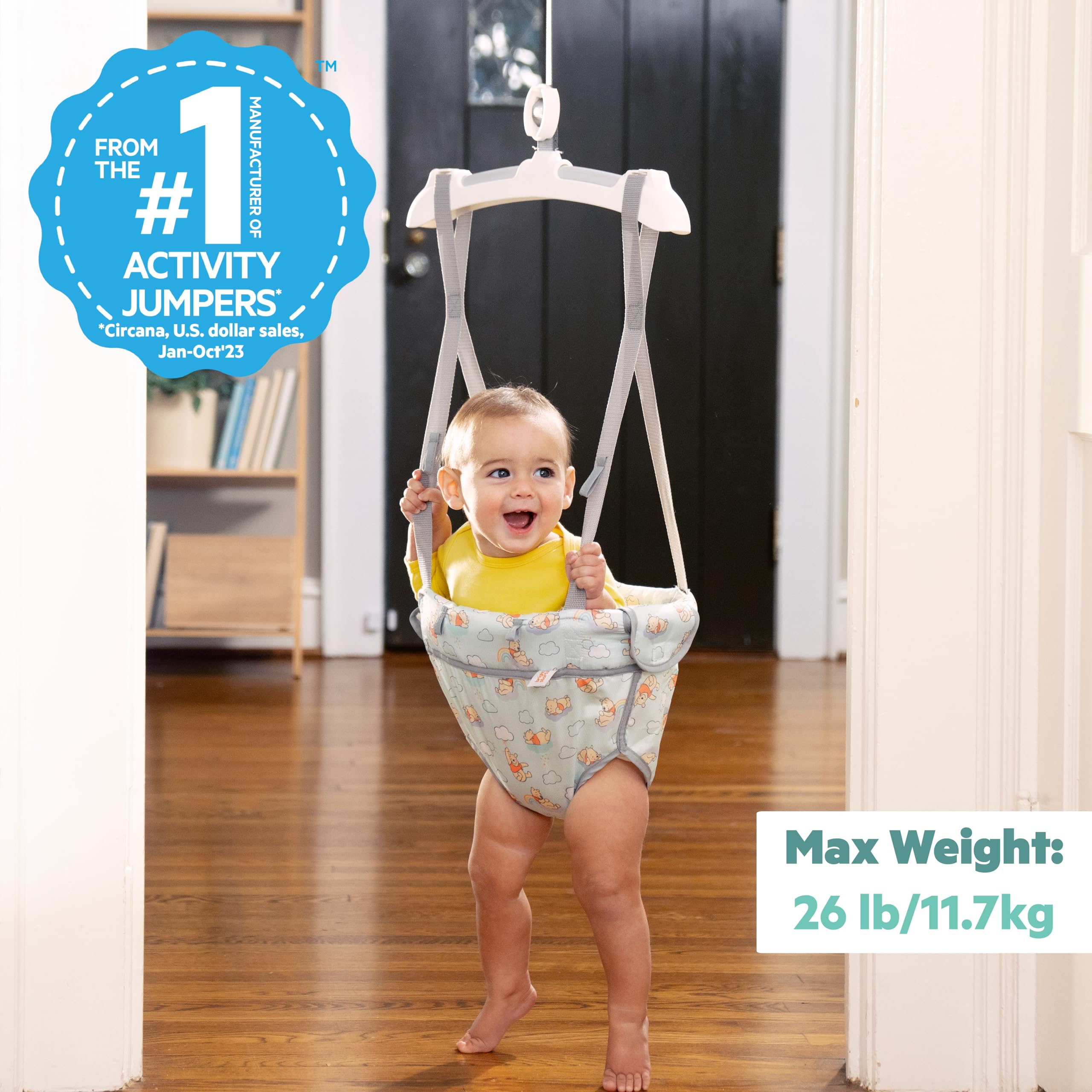 Bright Starts Playful Parade Door Jumper for Baby with Adjustable Strap, 6 Months and Up, Max Weight 26 lbs