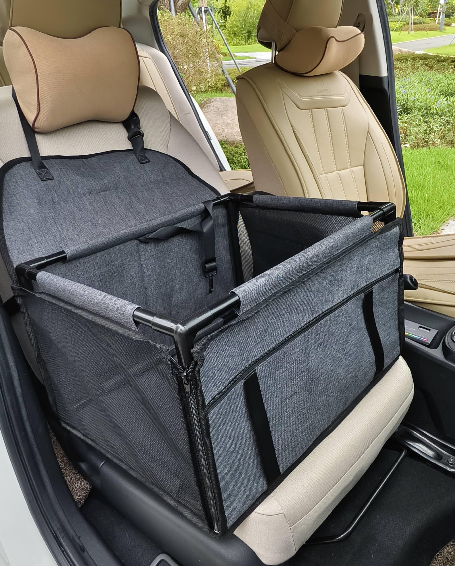 GoBuyer Waterproof Pet Dog Car Seat Booster Carrier Box and Basket with Seat Belt Harness Restraint for Puppy Cat Travel (Black, Standard 40x40cm)