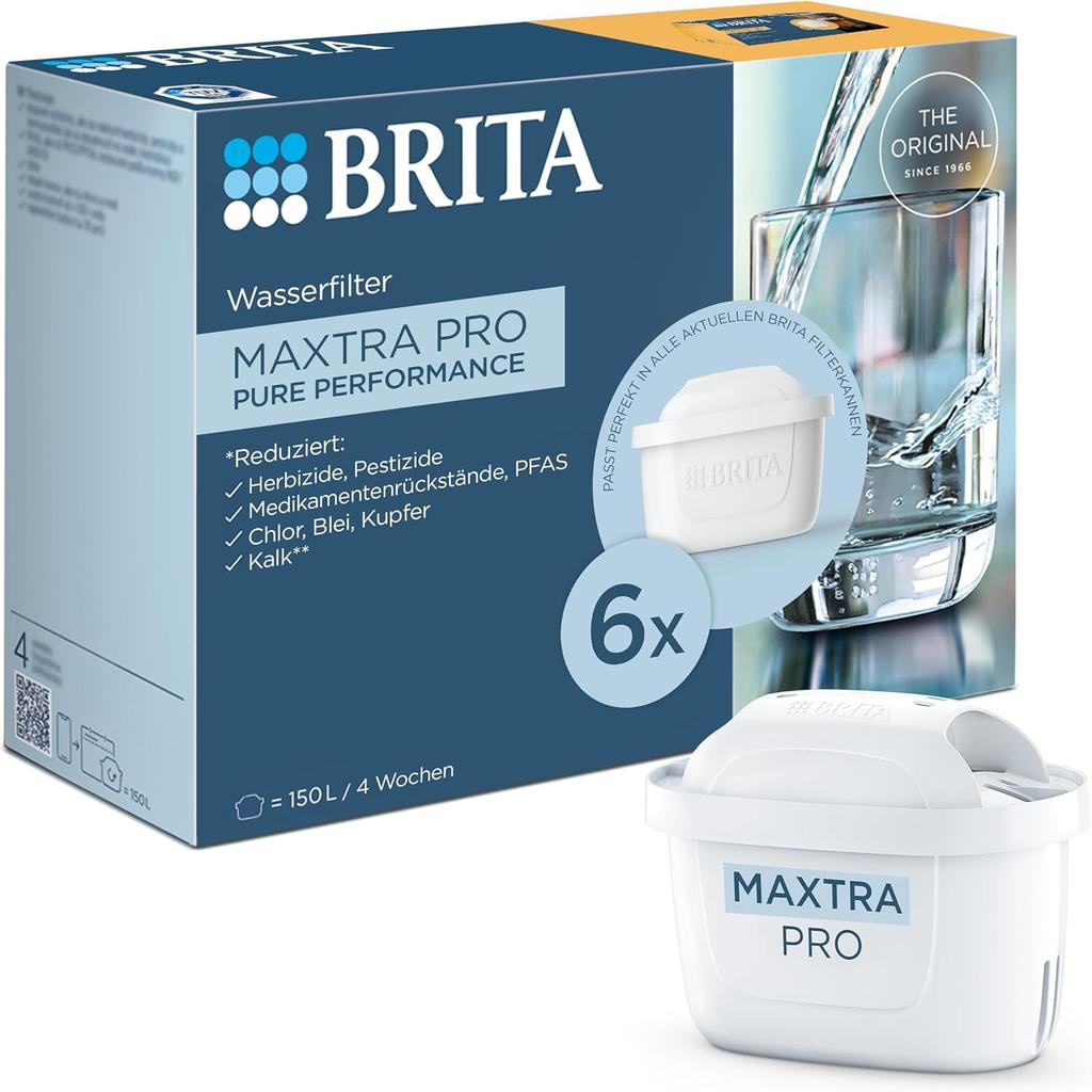 BRITA MAXTRA PRO Pure Performance (All-in-1) 6 Pack Half Year Pack - Original Replacement Water Filter for Filter Jugs: Pure Water Taste - Filters PFAS, Chlorine, Lime, Metals