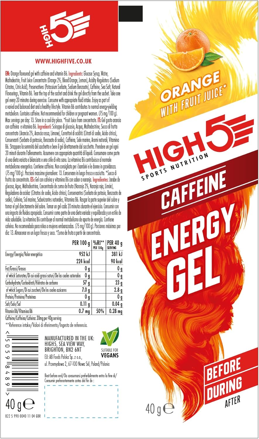 HIGH5 Caffeine Energy Gels - Running Energy Gels for Quick Muscle Fuel - Perfect Fuel Gels for Running, Cycling Energy Gels, Running Gels Energy Marathon, Sport Gels (Orange, 20 x 40g)