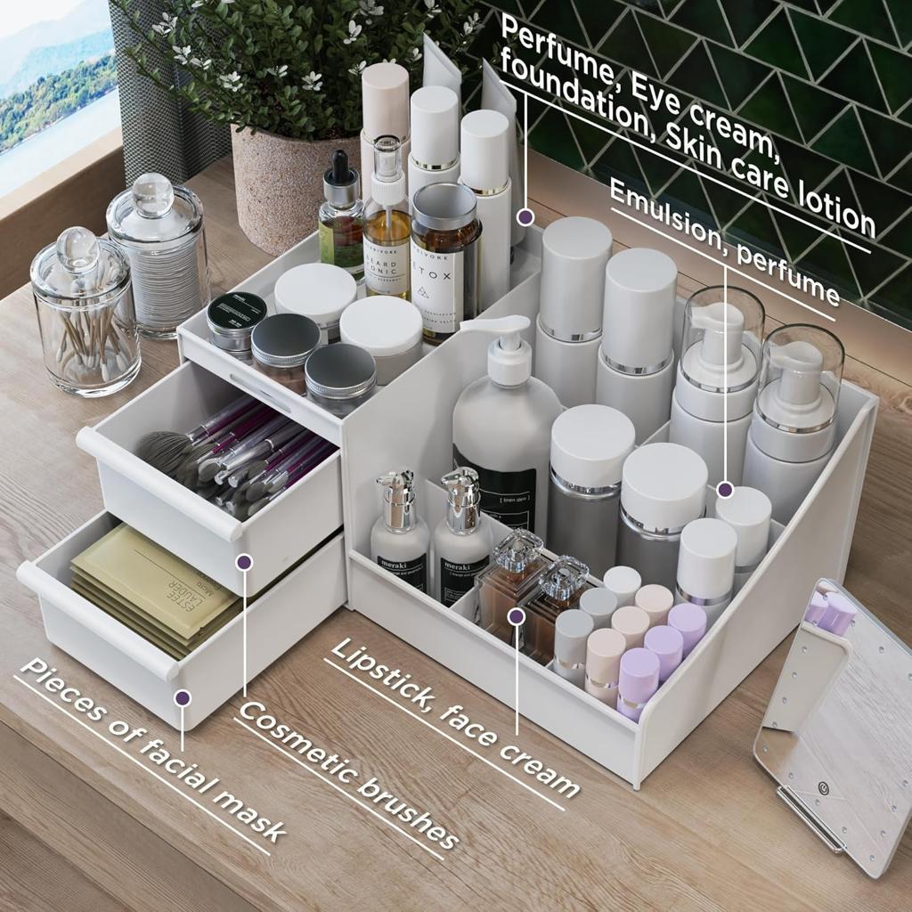 DancesCat Makeup Organizer Storage Drawers, Large Capacity Cosmetic Organisers for Lipsticks, Jewelry, Nail Care, Skincare Organiser for Vanity, Ideal Desk Organizer for Dresser and Bathroom (White)