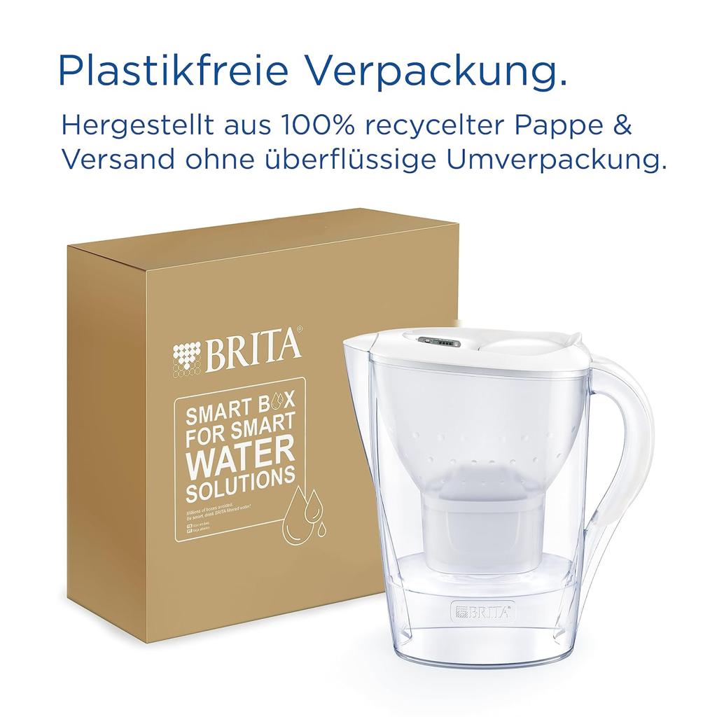 BRITA Marella Water Filter Jug White (2.4L) Starter Pack incl. 3x MAXTRA PRO All-in-1 cartridge - fridge-fitting jug with digital LTI and Flip-Lid - now in sustainable Smart Box packaging