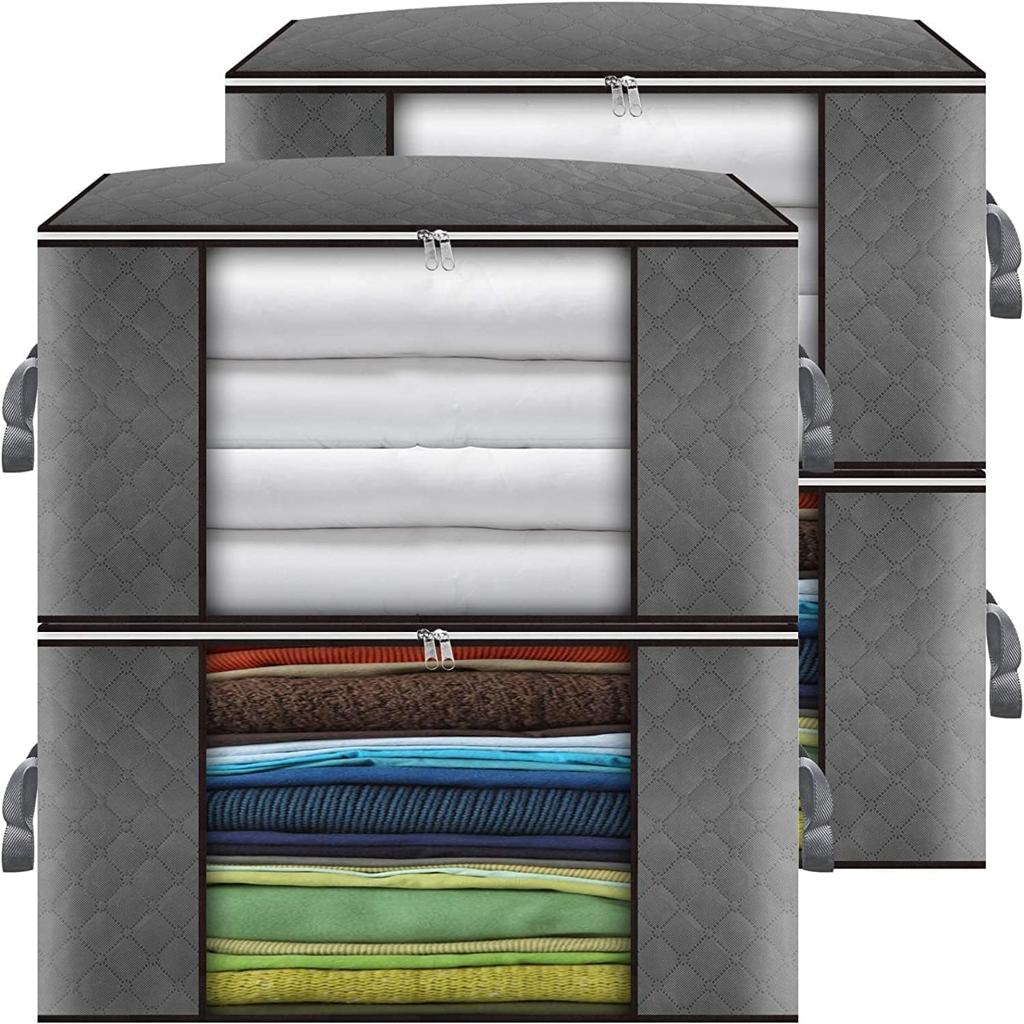 Maigacy Clothes Storage Bag 4Pack 90L Large Capacity Solution Organizer For Clothes, Duvets, Comforters, Blankets, Bedding With Zip And Clear Window Reinforced Handle Thick Breathable Fabric