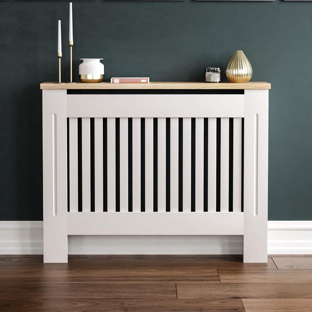 Vida Designs Arlington Radiator Cover White Modern Painted MDF Cabinet, Slats, Grill, Wood Top Shelf, Medium (H: 83.3 / W: 111 / D: 19 cm)