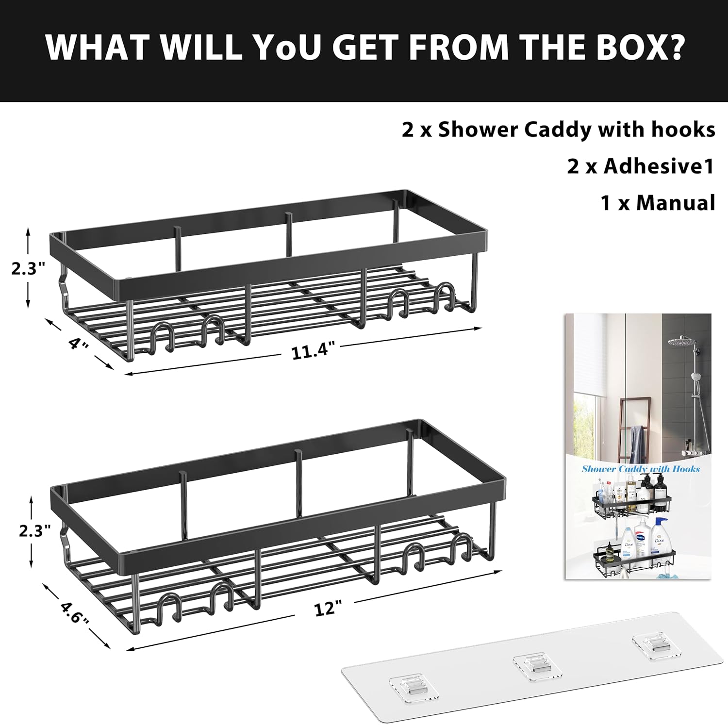 DIFULI Shower Caddy Shelf Organiser 2 Pack, No Drill Black Shower Shelves,Self Adhesive Bathroom Storage Accessories