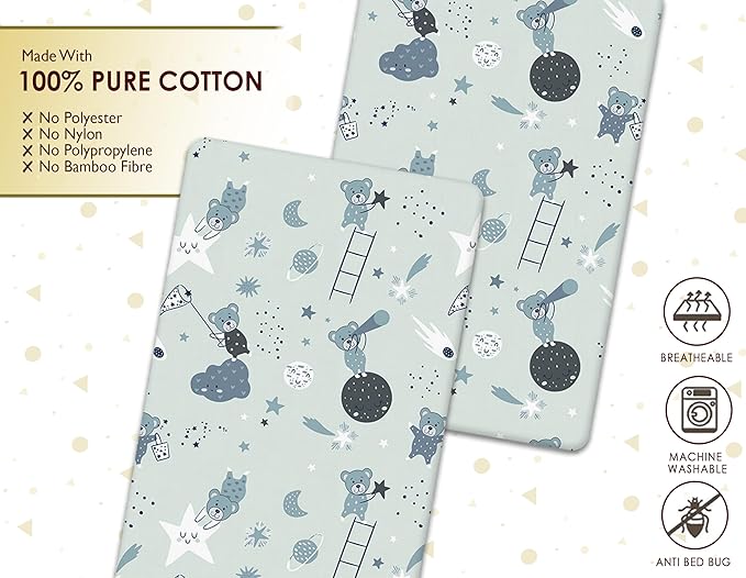2x Chico, Next to Me Compatible Crib Fitted Sheets (85 x 51 cm) - 100% Cotton, Soft & Comfy, Antiallergic & Breathable (Grey Teddy & Moon, 85 x 51 cm)