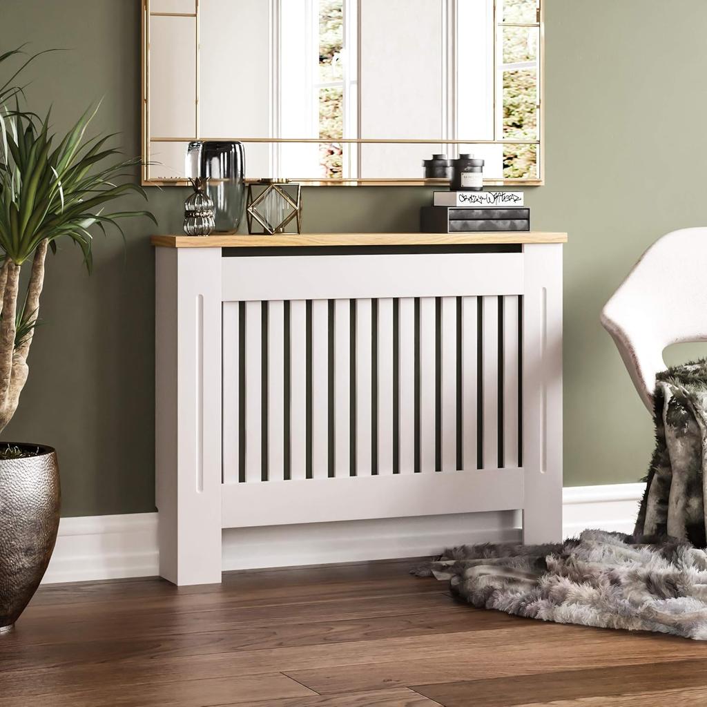 Vida Designs Arlington Radiator Cover White Modern Painted MDF Cabinet, Slats, Grill, Wood Top Shelf, Medium (H: 83.3 / W: 111 / D: 19 cm)