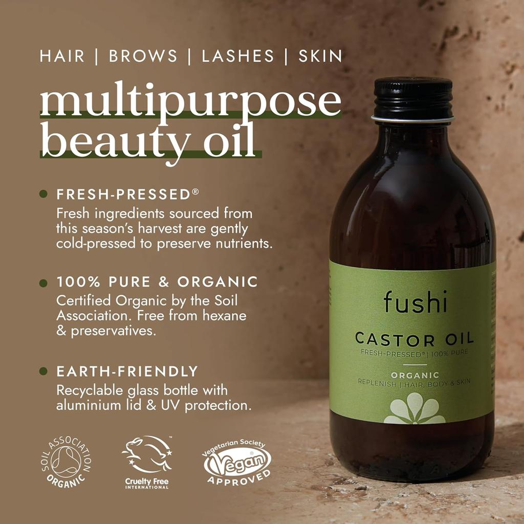 Fushi Organic Castor Oil 250ml 100% Pure Cold and Fresh Pressed for Dry Skin and Hair Growth, Eyelashes and Eyebrows, Hexane Free, Natural Food Grade, Sustainably Derived (Packaging May Vary)