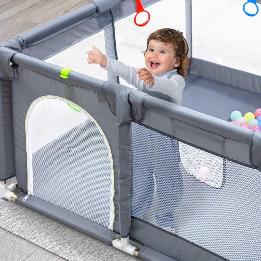 Kidoola Baby Playpen with Padded Frame & Mesh Walls, Balls & Pull Rings Included, for Indoor & Outdoor Use, Toddler Fence - Breathable Mesh, Extra Large Play Yard for Babies Unisex (127x127x65cm)
