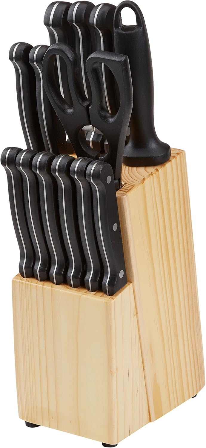 Amazon Basics 14-Piece Knife Set with Block, Black