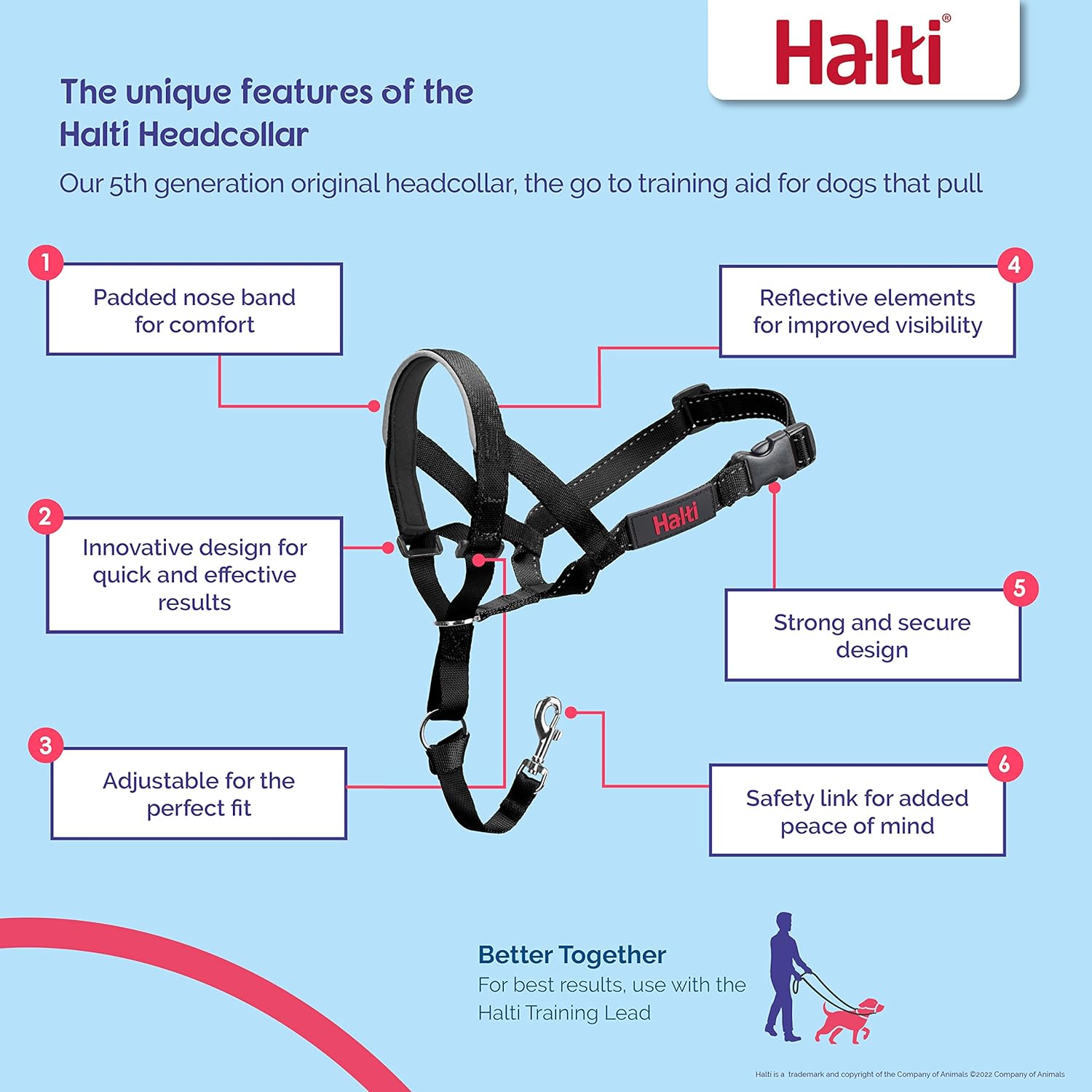 HALTI Headcollar - To Stop Your Dog Pulling on the Leash. Adjustable, Reflective and Lightweight, with Padded Nose Band. Dog Training Anti-Pull Collar for Large Dogs (Size 5, Black)