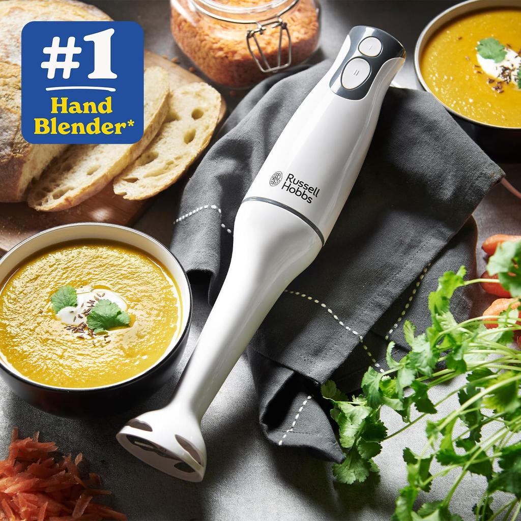 Russell Hobbs Food Collection Electric Hand Blender, 2 Speeds and Pulse Technology, Detachable blending leg for easy cleaning, Stainless steel blades, 200W, 22241, White