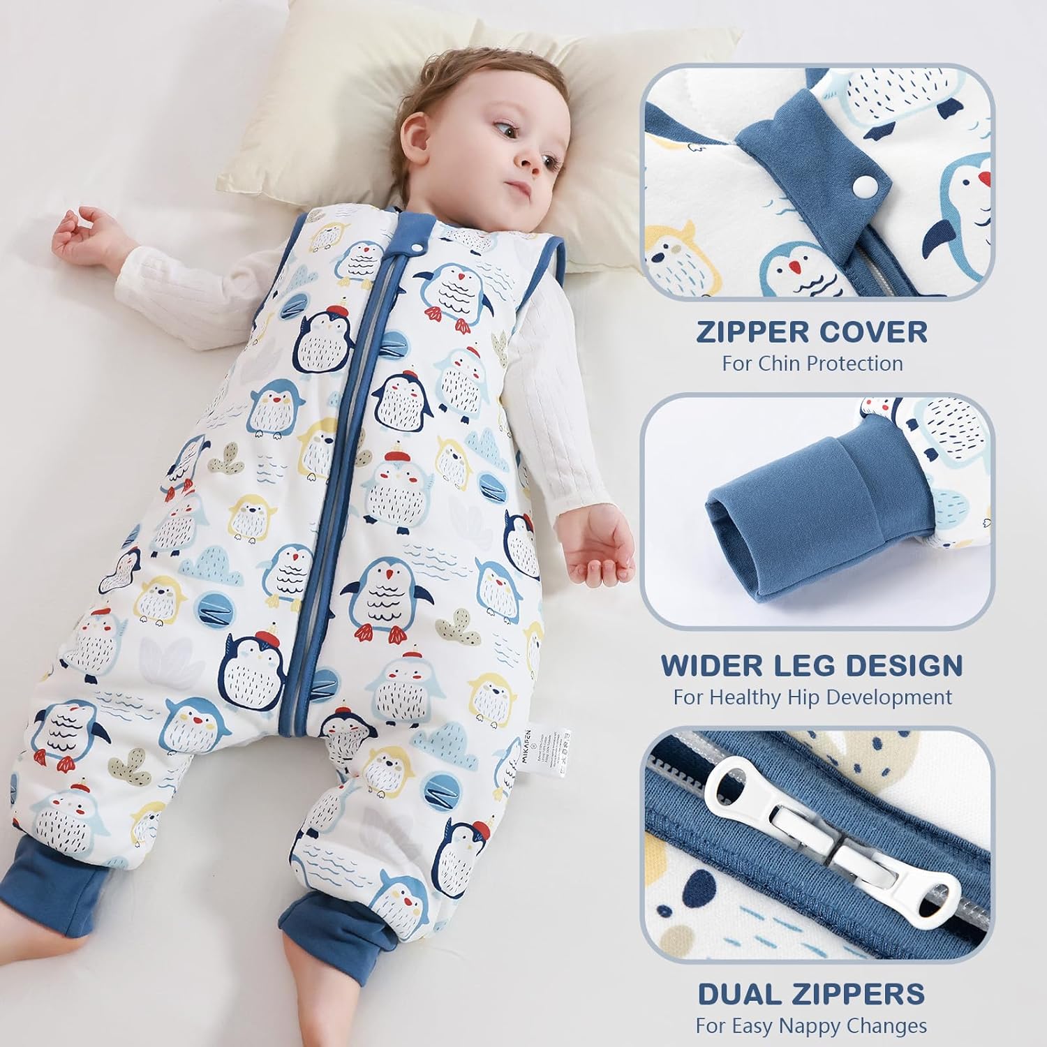 MIKAFEN Baby Winter Sleeping Bag with Feet,100% Cotton Kids Sleeping Bag 2.5Tog with Legs, Blue Penguin 80cm/18-36months