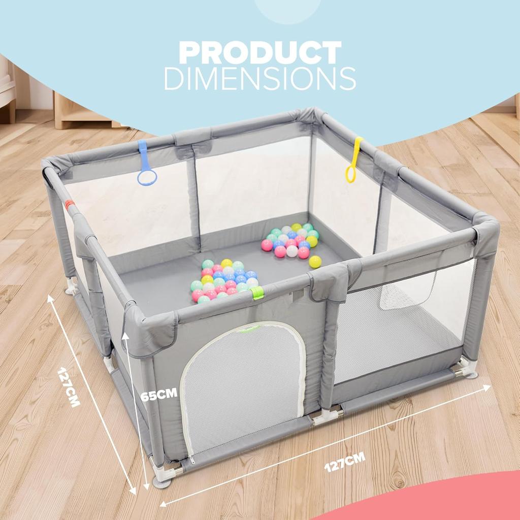 Kidoola Baby Playpen with Padded Frame & Mesh Walls, Balls & Pull Rings Included, for Indoor & Outdoor Use, Toddler Fence - Breathable Mesh, Extra Large Play Yard for Babies Unisex (127x127x65cm)