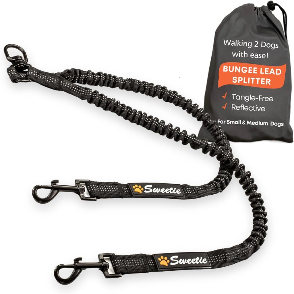 Sweetie Dog Lead Splitter – Dual Shock Absorbing Bungee Double Leash Coupler - Perfect Leads for Walking 2 Small to Medium Dogs on One Lead - No Tangle 360° Swivel Clip - Reflective Stitching