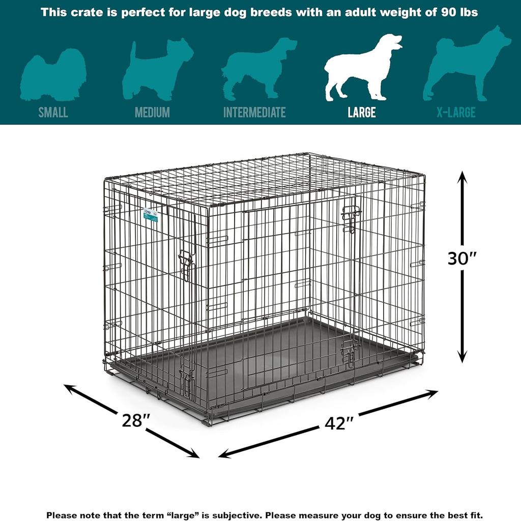 MidWest Homes for Pets Newly Enhanced Double Door iCrate 106.68 cm (42-Inch) Long Dog Crate, Includes Leak-Proof Pan, Floor Protecting Feet, Divider Panel & New Patented Features, Black, Model 1542DDU