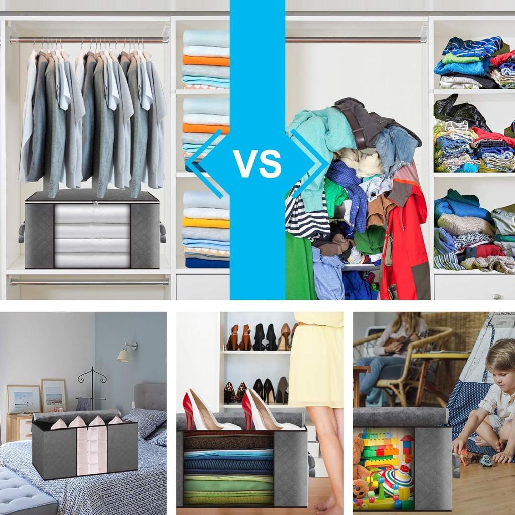Maigacy Clothes Storage Bag 4Pack 90L Large Capacity Solution Organizer For Clothes, Duvets, Comforters, Blankets, Bedding With Zip And Clear Window Reinforced Handle Thick Breathable Fabric