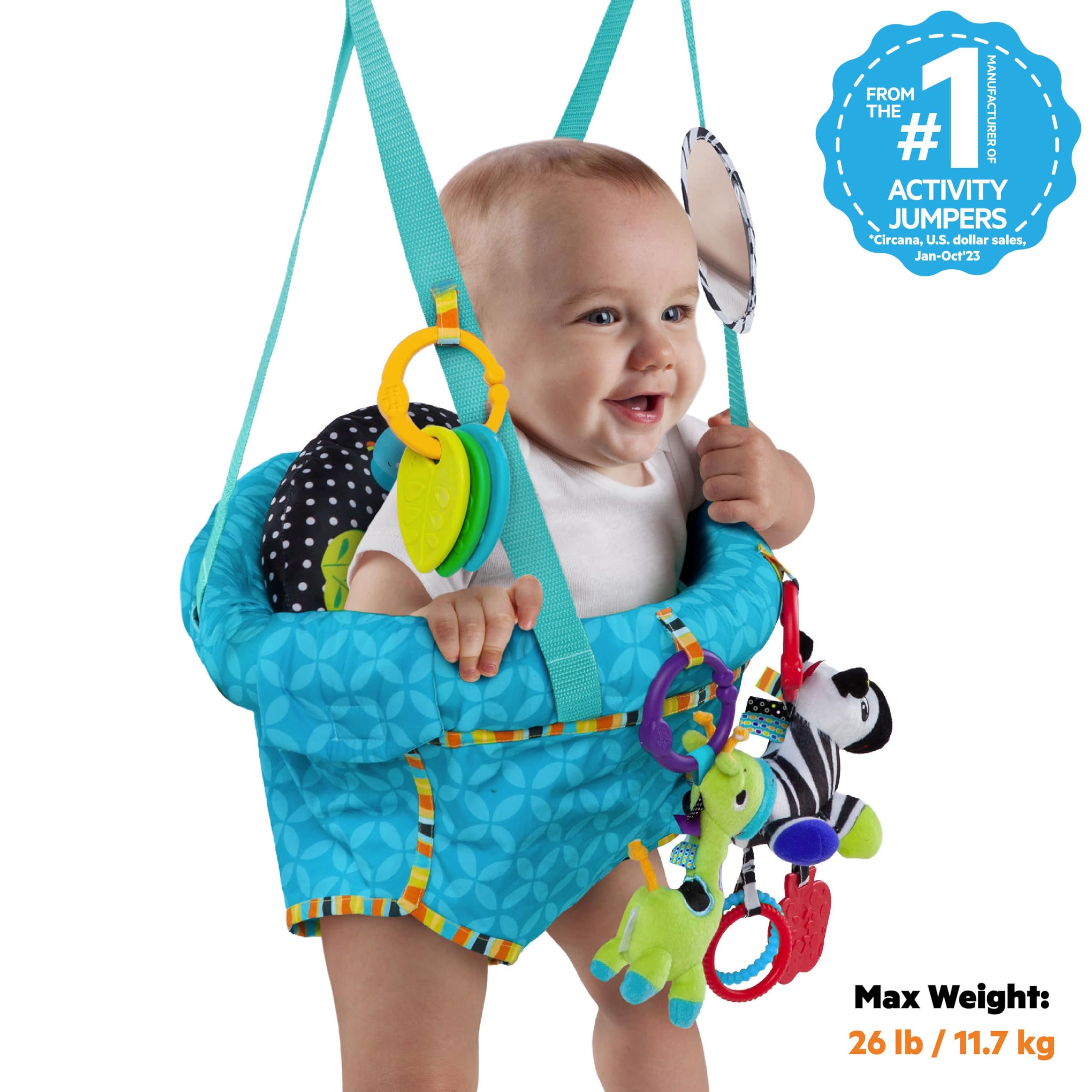 Bright Starts Playful Parade Door Jumper for Baby with Adjustable Strap, 6 Months and Up, Max Weight 26 lbs