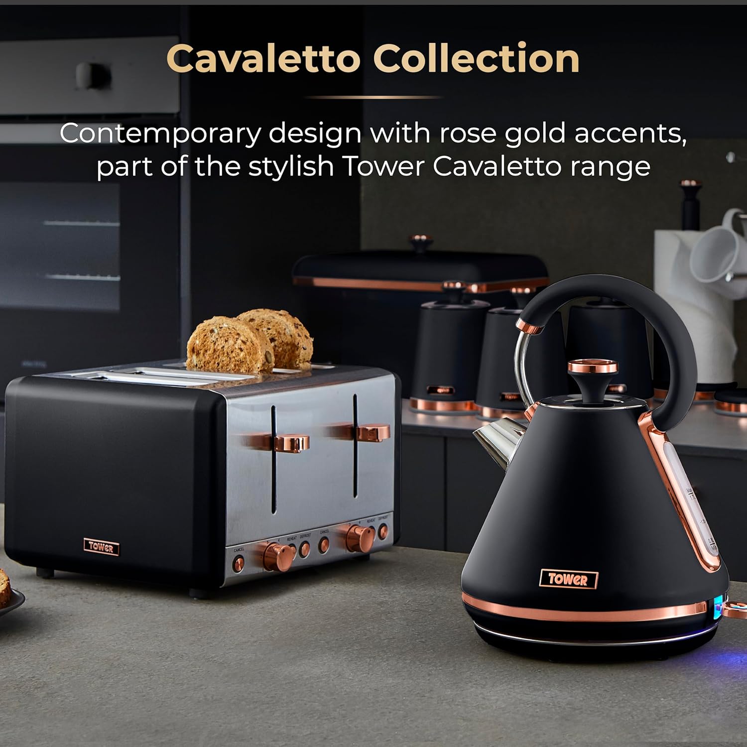 Tower T16043BLK Cavaletto 6.5 Litre Slow Cooker with 3 Heat Settings, Cool Touch Handles, Black and Rose Gold