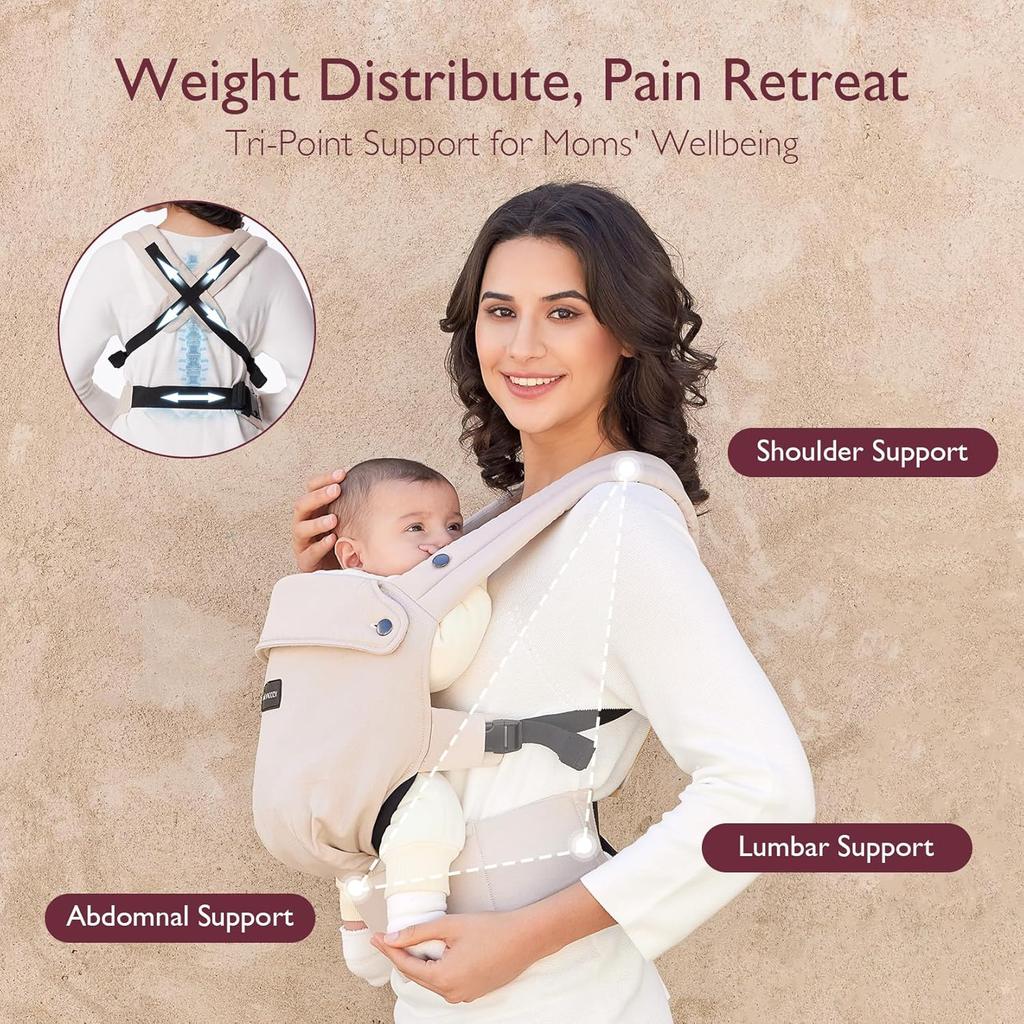 Momcozy Baby Carrier - Ergonomic, Cozy and Lightweight Carrier for 3-24 Months, Effortless to Put On, Ideal for Hands-Free Parenting, Enhanced Lumbar Support, Khaki