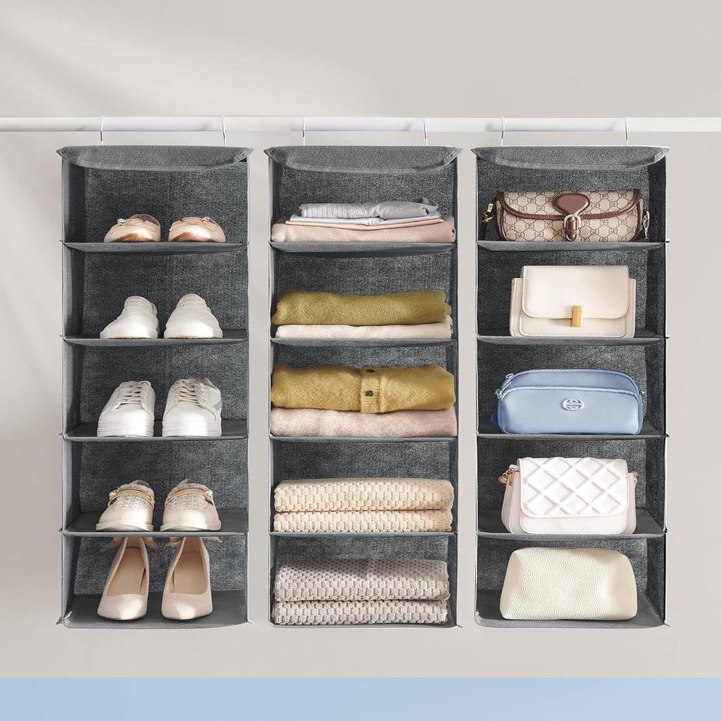 SONGMICS Hanging Organizer, Closet Organizer, Hanging Shelf, Hanging Storage, Foldable and Space-Saving, Metal Hooks and Bamboo Inserts, Linen-Like Texture, Gray RYCH06G