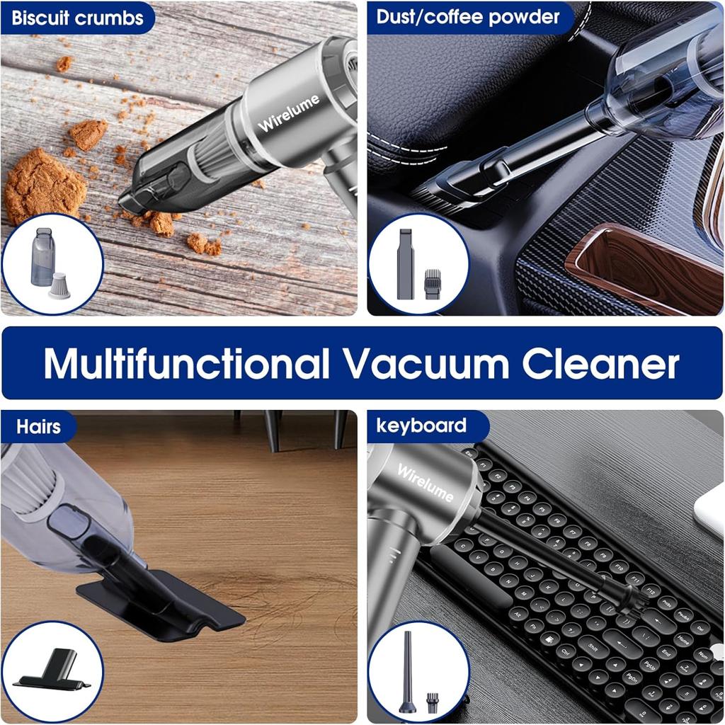 Wirelume Handheld Car Vacuum Cleaner Cordless Powerful 22000Pa Strong Cyclonic Suction Blowing Brushless Motor Portable Rechargable Lightweight for Pet Hair Vehicle Home Office Dark Grey