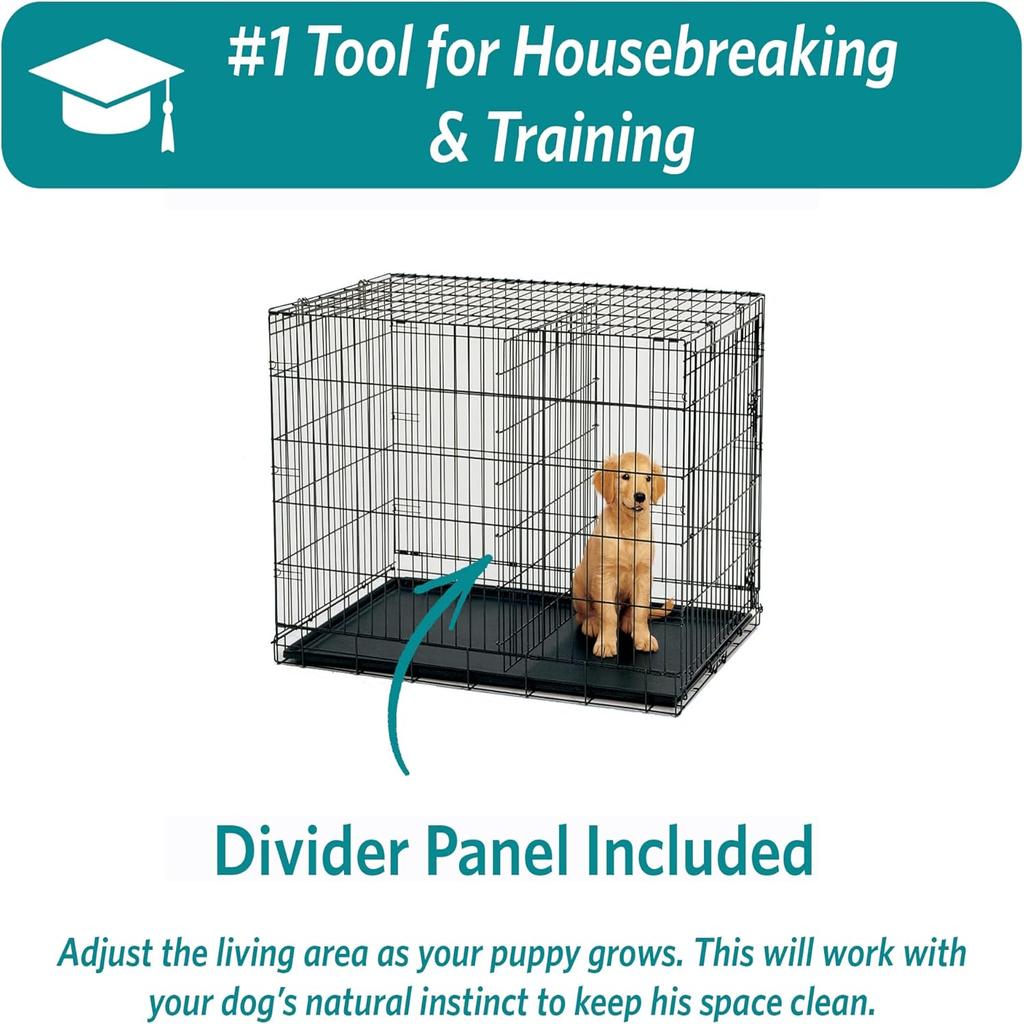MidWest Homes for Pets Newly Enhanced Double Door iCrate 106.68 cm (42-Inch) Long Dog Crate, Includes Leak-Proof Pan, Floor Protecting Feet, Divider Panel & New Patented Features, Black, Model 1542DDU