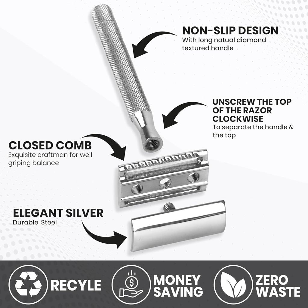 ASIPRO Double Edge Safety Razor for Men Women +10 Double Edge Safety Razor Blades Reusable Metal Razor Double Edge Razor Safety Razor Kit Single Blade Razors for Women & Men Gift Stainless Steel Razor
