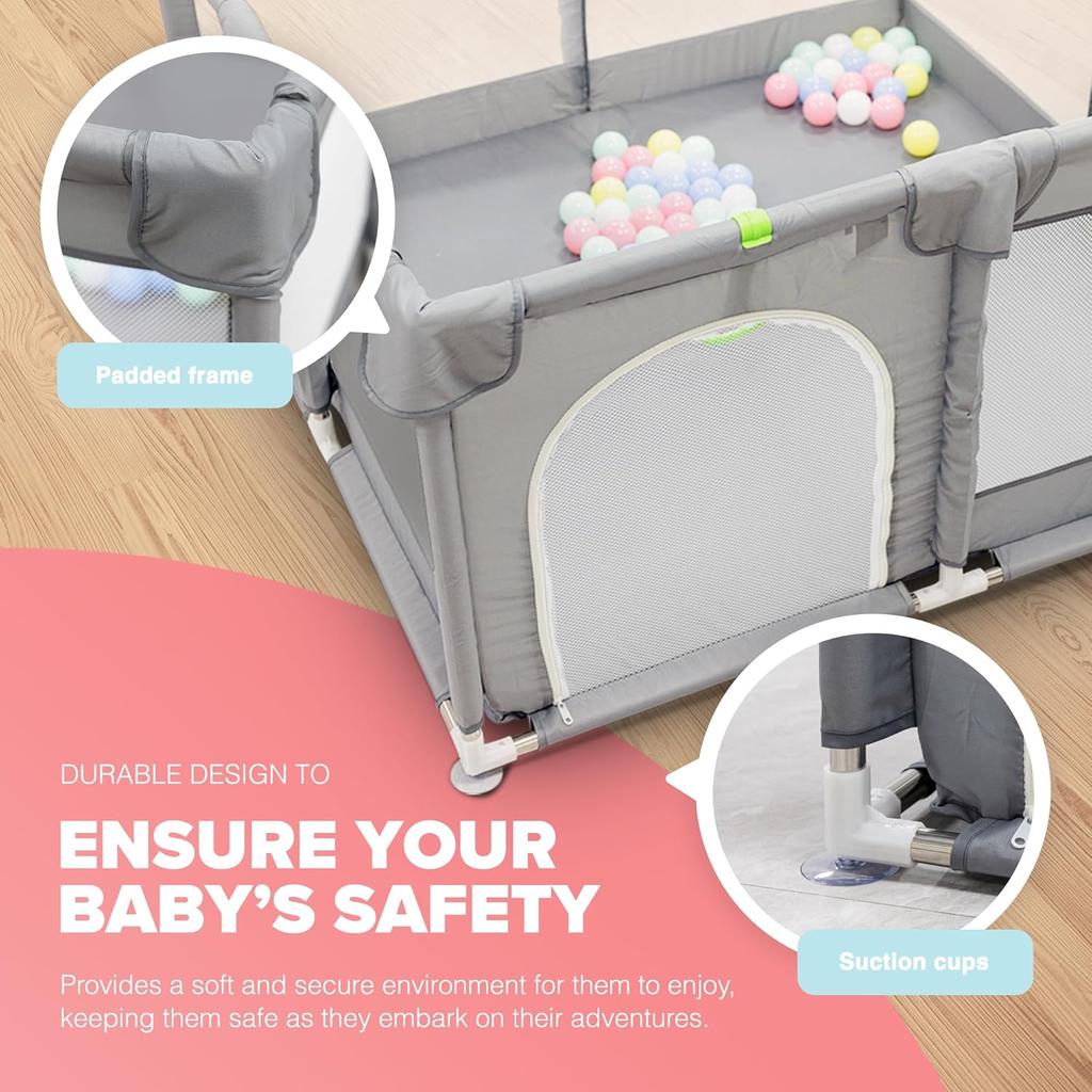 Kidoola Baby Playpen with Padded Frame & Mesh Walls, Balls & Pull Rings Included, for Indoor & Outdoor Use, Toddler Fence - Breathable Mesh, Extra Large Play Yard for Babies Unisex (127x127x65cm)