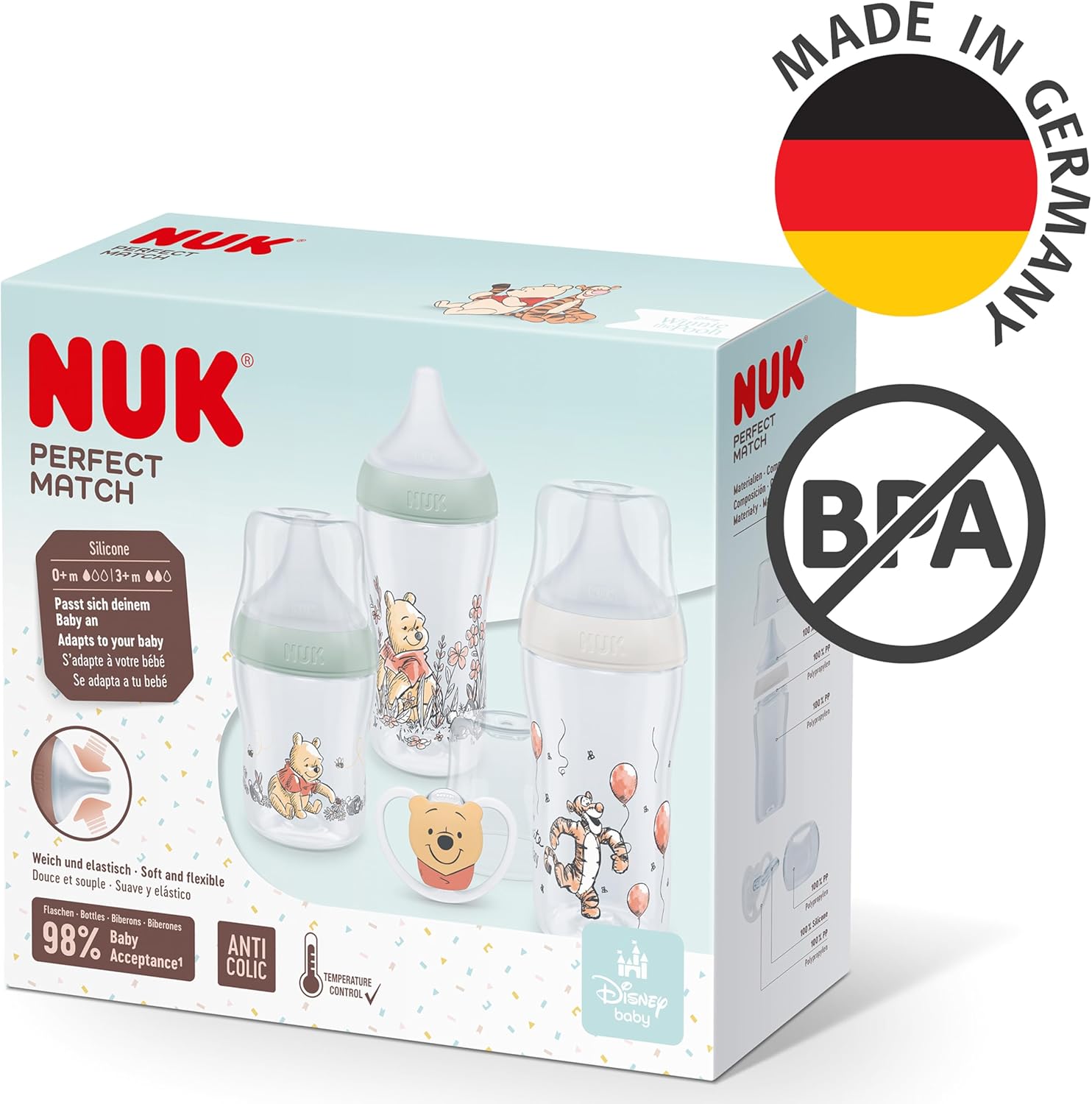NUK Perfect Match Baby Bottles Set | 0-6+ Months | Adapts to Baby's Palate | 3 x Anti Colic Baby Bottles & Space Soother | BPA-Free | Disney Winnie the Pooh | 4 Count